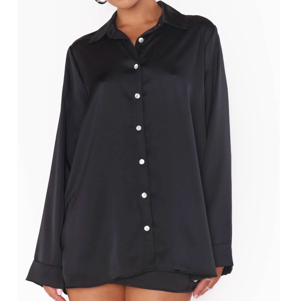 SHOW ME YOUR MUMU Size S Smith Button Down Shirt Black Satin Long Sleeve